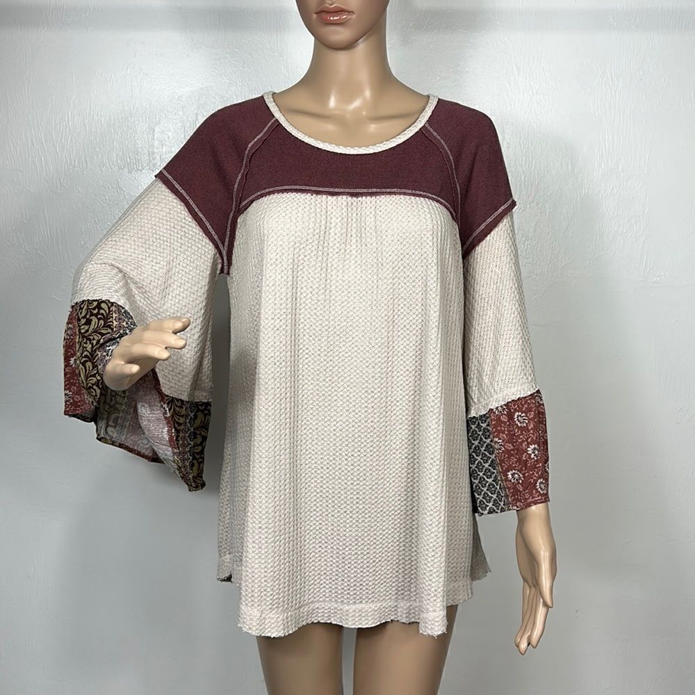 John Mark Boho Ivory Waffle Knit Patchwork Bell Sleeve Top Size S